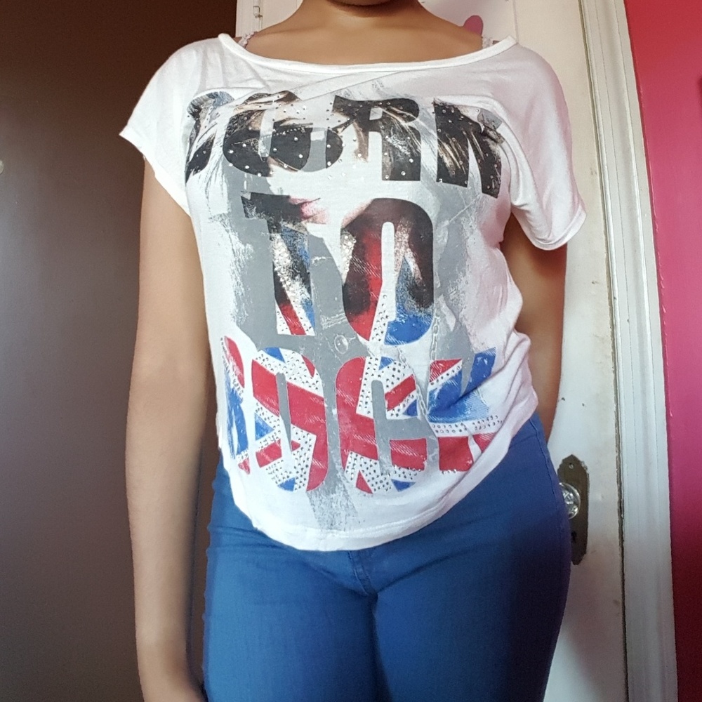 Delia's "Born To Rock" Distressed Cream Crop Top